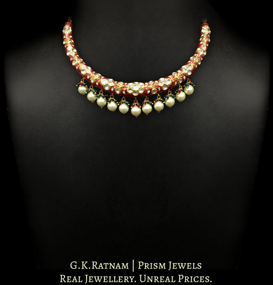 22k Gold and Diamond Polki Hustlie Necklace Set with bright red enamelling