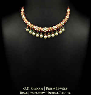 22k Gold and Diamond Polki Hustlie Necklace Set with bright red enamelling