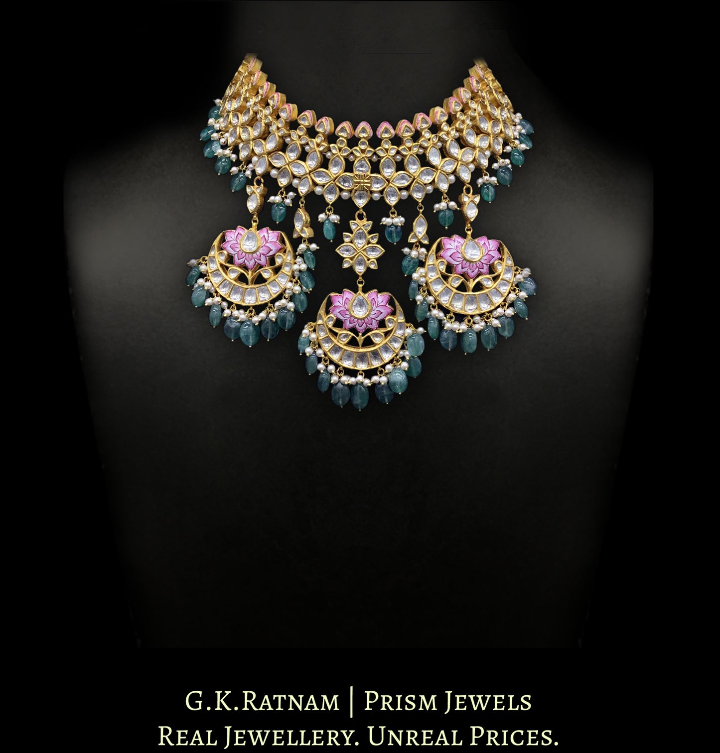 22k Gold and Diamond Polki pink enamel Choker Necklace with lustrous pearls and green beryls