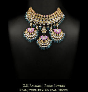 22k Gold and Diamond Polki pink enamel Choker Necklace with lustrous pearls and green beryls