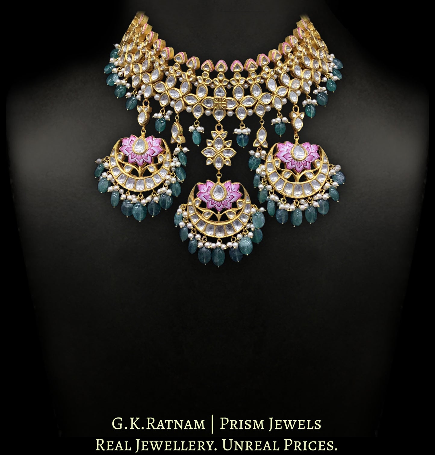 22k Gold and Diamond Polki pink enamel Choker Necklace with lustrous pearls and green beryls