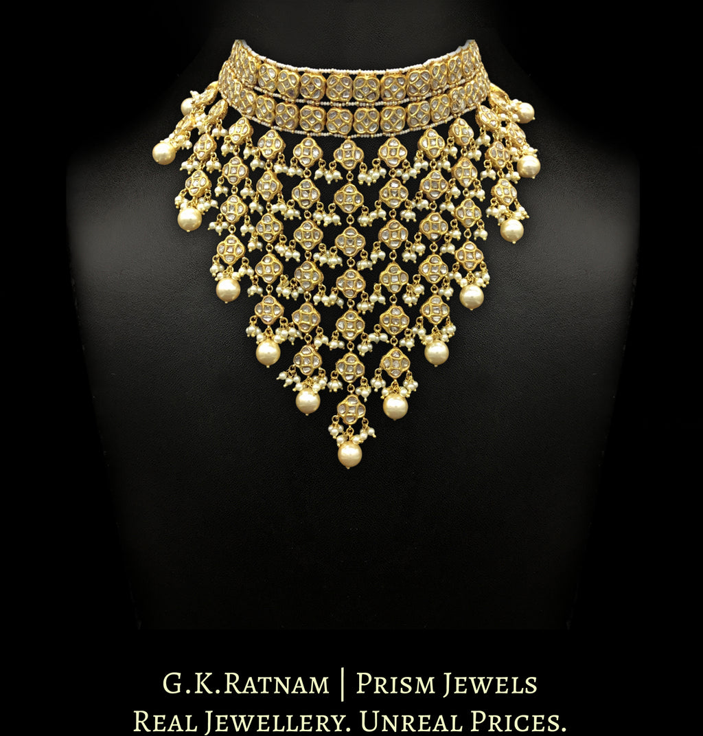 23k Gold and Diamond Polki Choker Necklace with triple-coated shell pearls - G. K. Ratnam