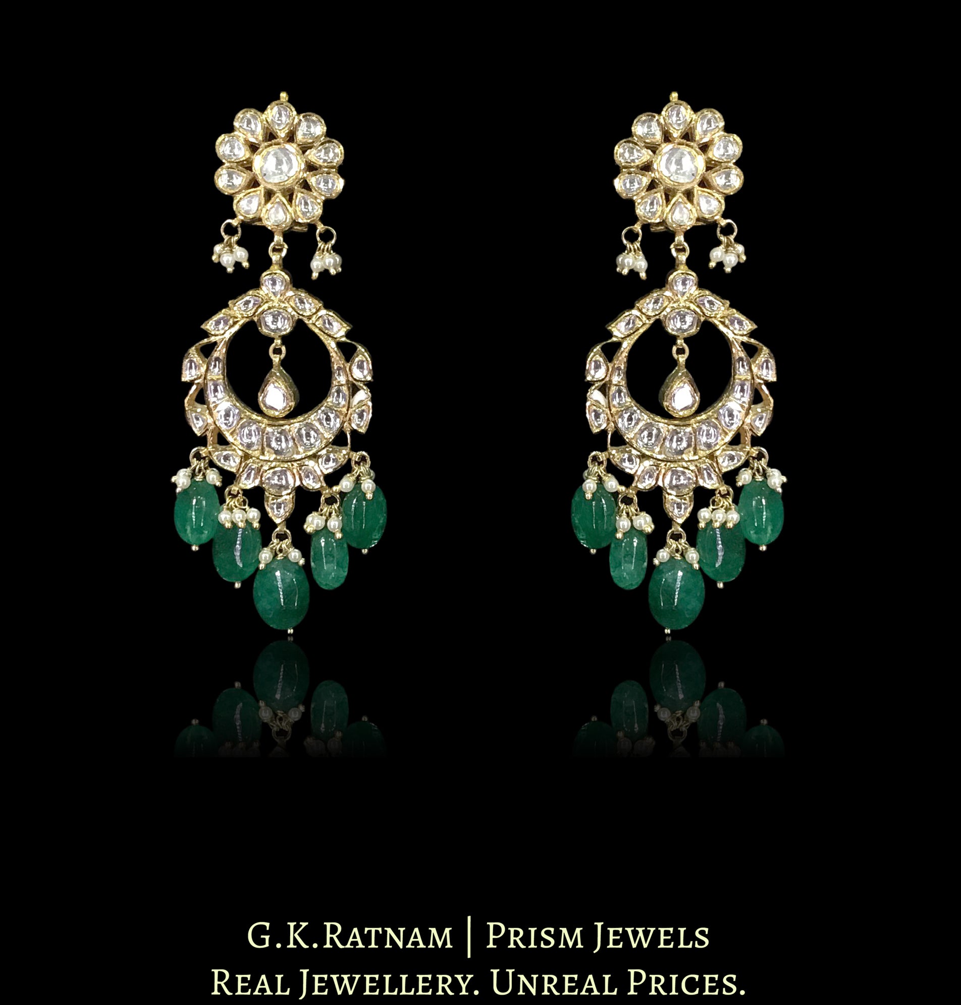 18k Gold and Diamond Polki Choker Necklace Set with emerald-grade beryls and polki drops - G. K. Ratnam