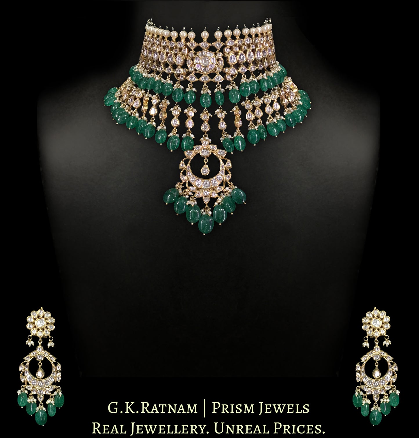 18k Gold and Diamond Polki Choker Necklace Set with emerald-grade beryls and polki drops - G. K. Ratnam