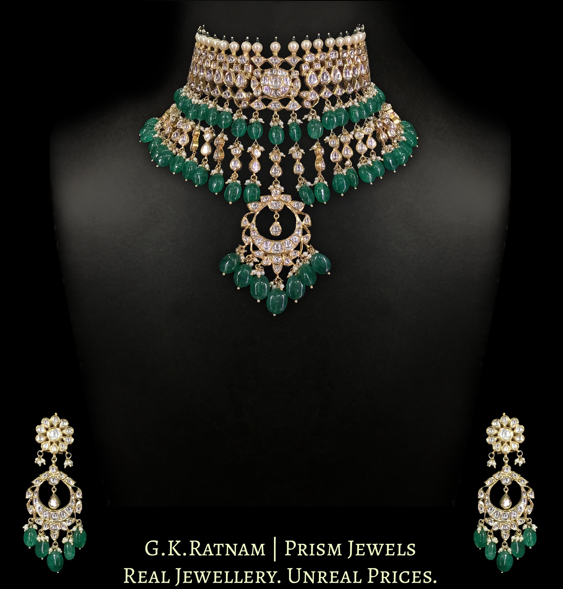 18k Gold and Diamond Polki Choker Necklace Set with emerald-grade beryls and polki drops - G. K. Ratnam