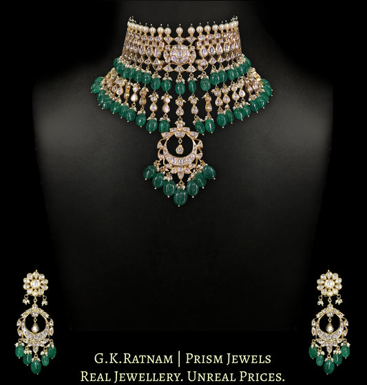 18k Gold and Diamond Polki Choker Necklace Set with emerald-grade beryls and polki drops - G. K. Ratnam