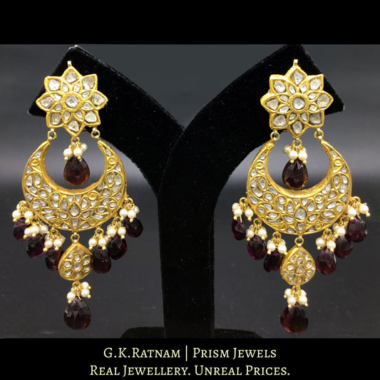 23k Gold and Diamond Polki Chand Bali Earring Pair with Mozambique Garnets