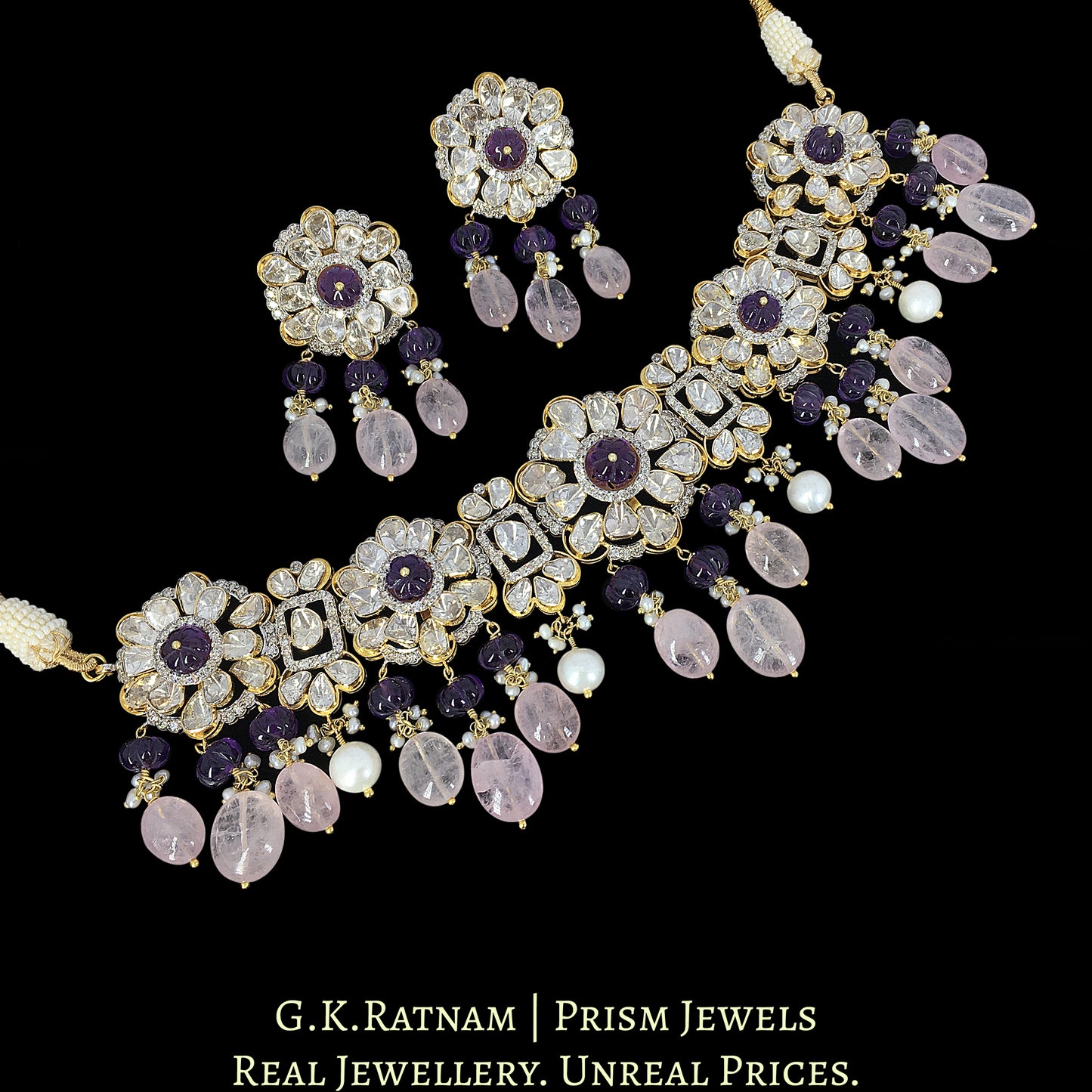 14k Gold and Diamond Polki Open Setting Choker Necklace Set with Rose Quartz and Amethysts