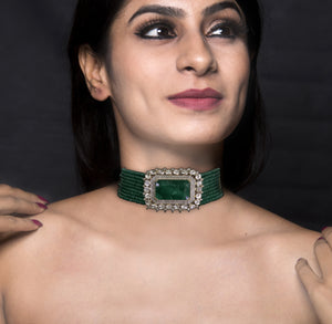 18k Gold and Diamond Polki Open Setting Choker Necklace with Green Beryls
