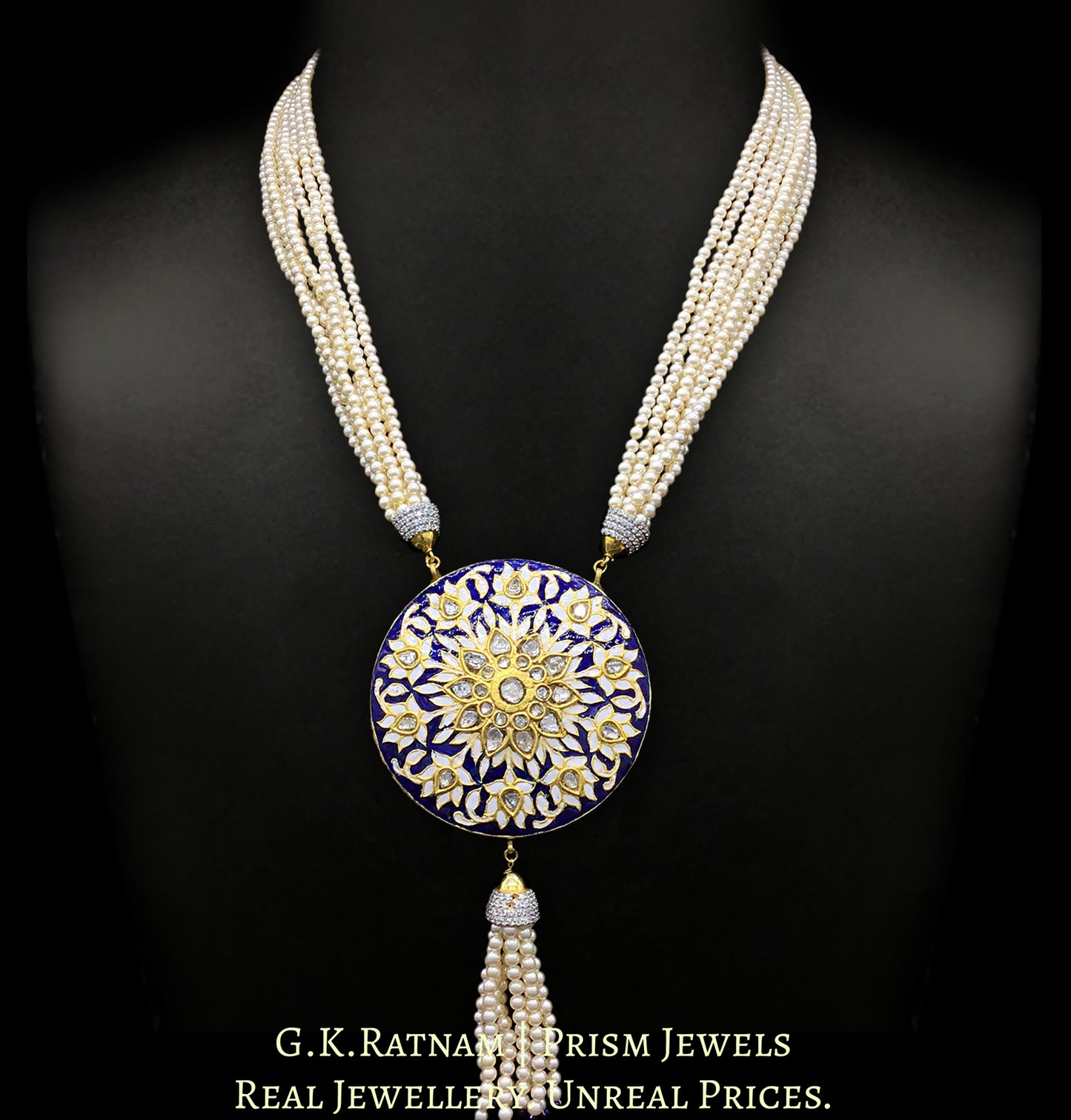 23k Gold and Diamond Polki round Pendant Set with blue enamelling and silver zircon caps - G. K. Ratnam
