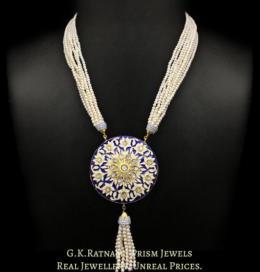 23k Gold and Diamond Polki round Pendant Set with blue enamelling and silver zircon caps - G. K. Ratnam
