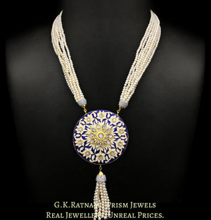 23k Gold and Diamond Polki round Pendant Set with blue enamelling and silver zircon caps