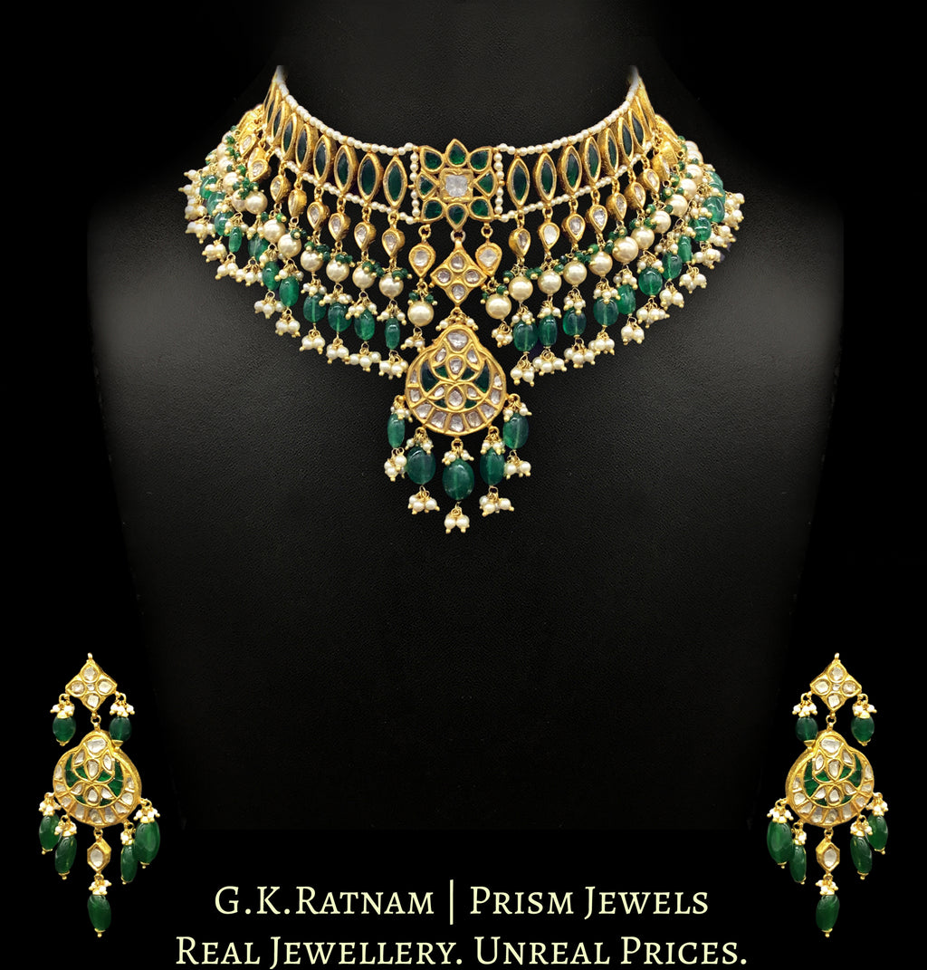 23k Gold and Diamond Polki boat-style Choker Necklace Set with emerald-grade green beryls