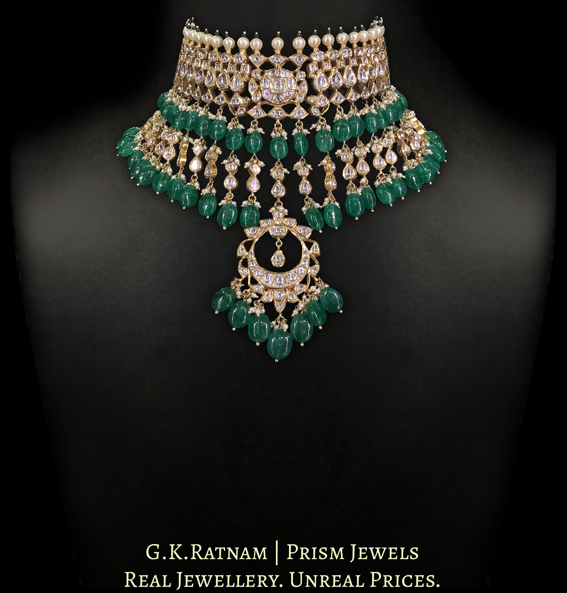 18k Gold and Diamond Polki Choker Necklace Set with emerald-grade beryls and polki drops - G. K. Ratnam