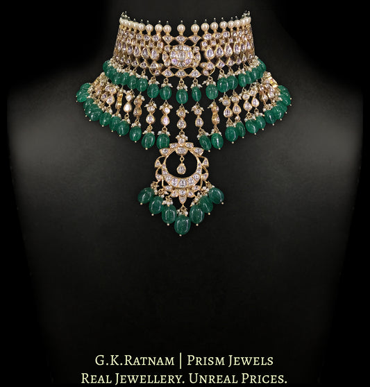 18k Gold and Diamond Polki Choker Necklace Set with emerald-grade beryls and polki drops - G. K. Ratnam