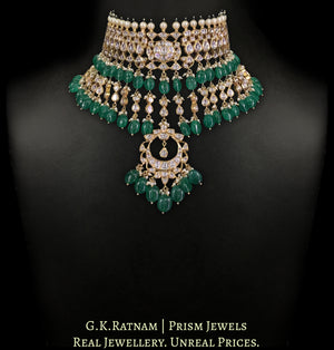 18k Gold and Diamond Polki Choker Necklace Set with emerald-grade beryls and polki drops