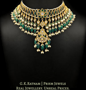 23k Gold and Diamond Polki boat-style Choker Necklace Set with emerald-grade green beryls