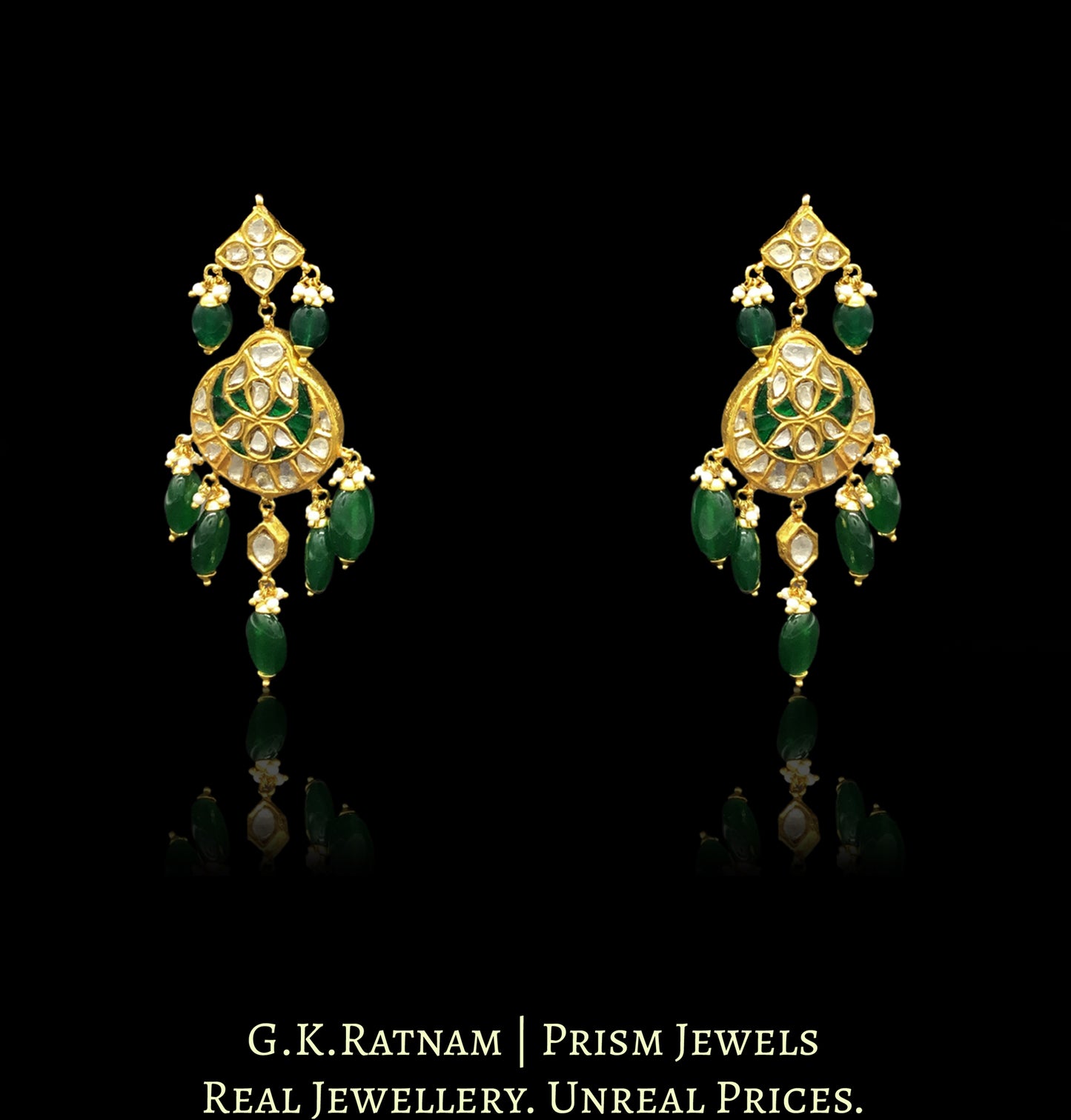 23k Gold and Diamond Polki boat-style Choker Necklace Set with emerald-grade green beryls