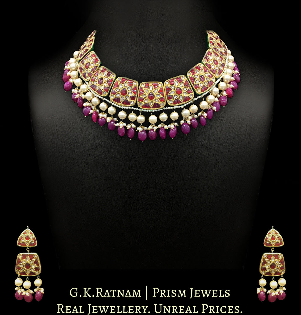 23k Gold and Diamond Polki Necklace Set with rubies embedded around uncut diamonds - G. K. Ratnam