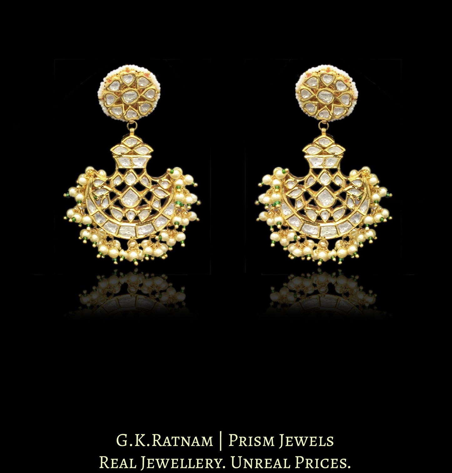 18k Gold and Diamond Polki Pankhi (fan) Necklace Set with pearls and a hint of green - G. K. Ratnam