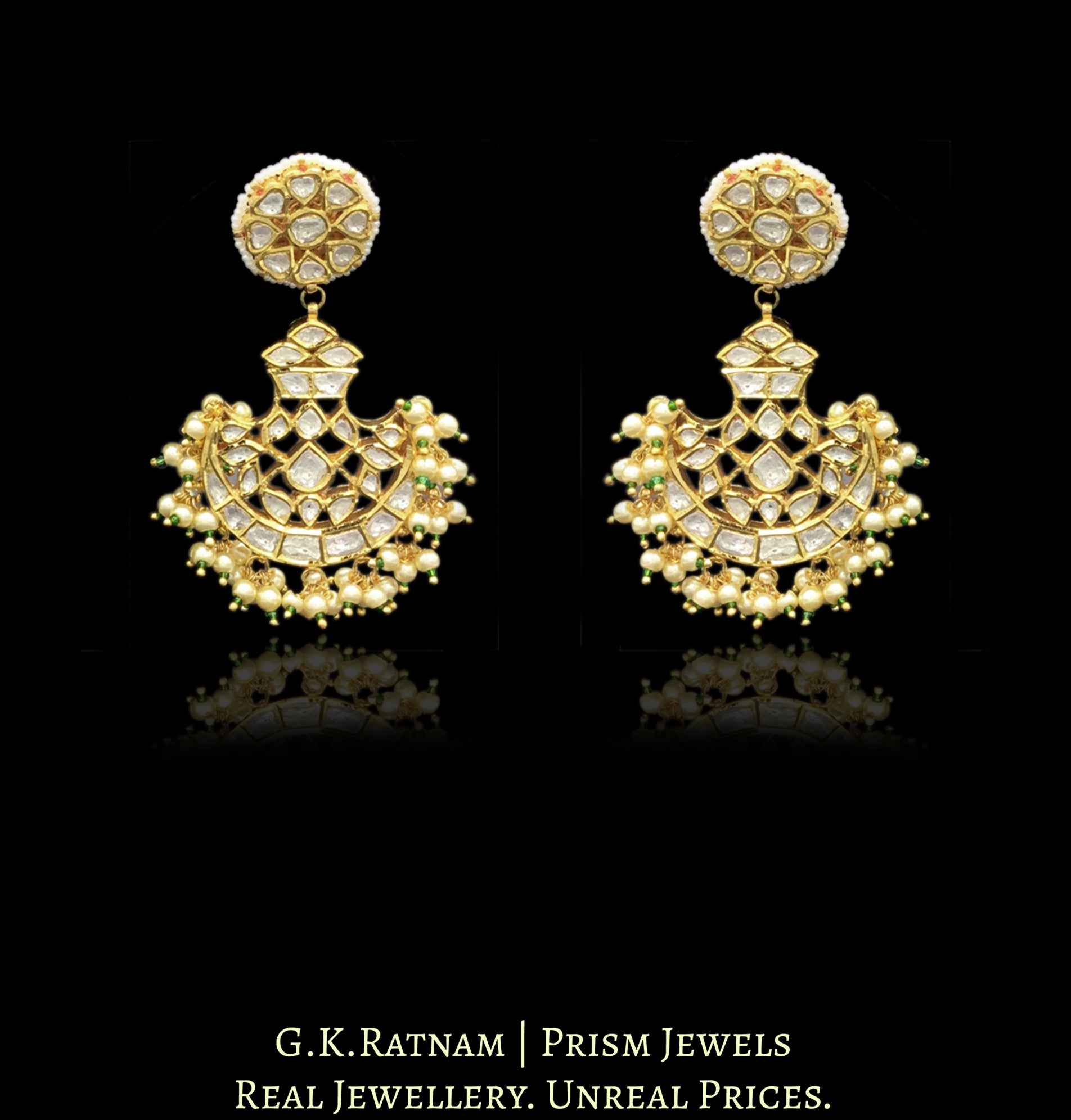 18k Gold and Diamond Polki Pankhi (fan) Necklace Set with pearls and a hint of green - G. K. Ratnam