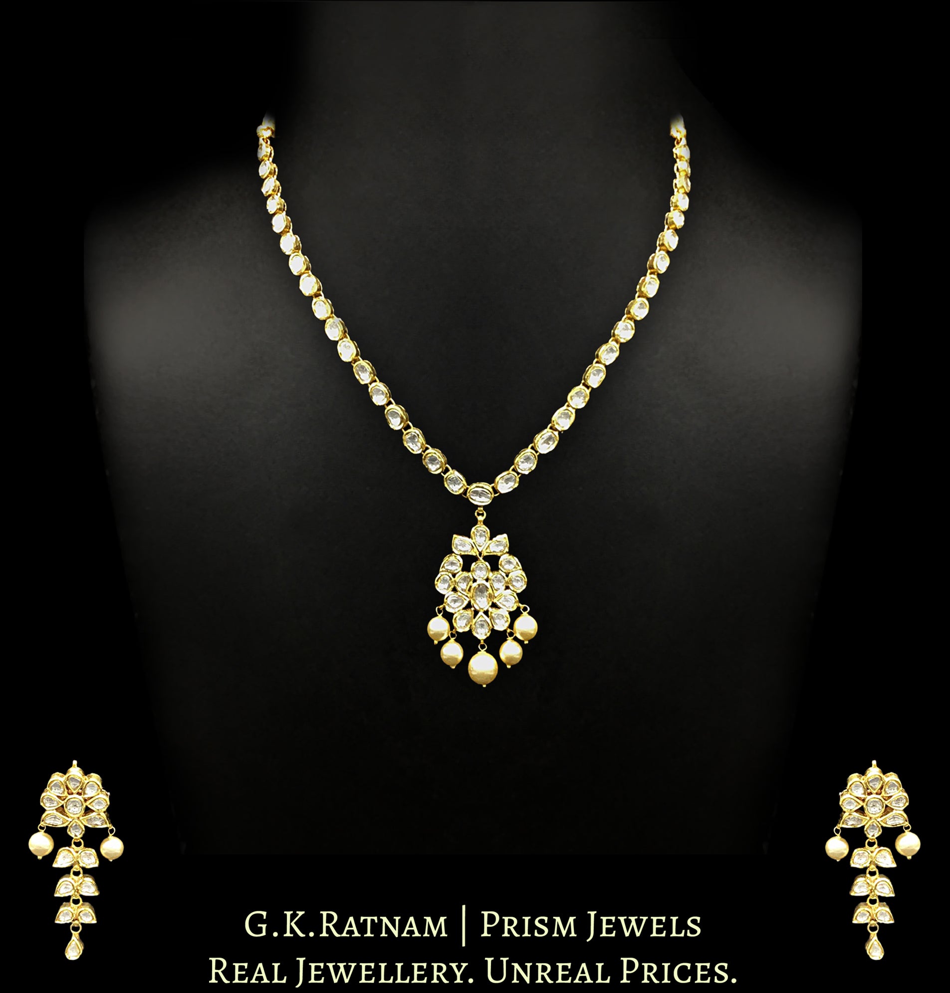 Traditional Gold and Diamond Polki Single Line Necklace Set (oval) - G. K. Ratnam
