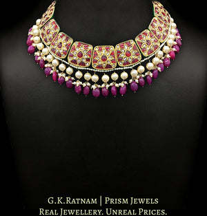 23k Gold and Diamond Polki Necklace Set with rubies embedded around uncut diamonds - G. K. Ratnam