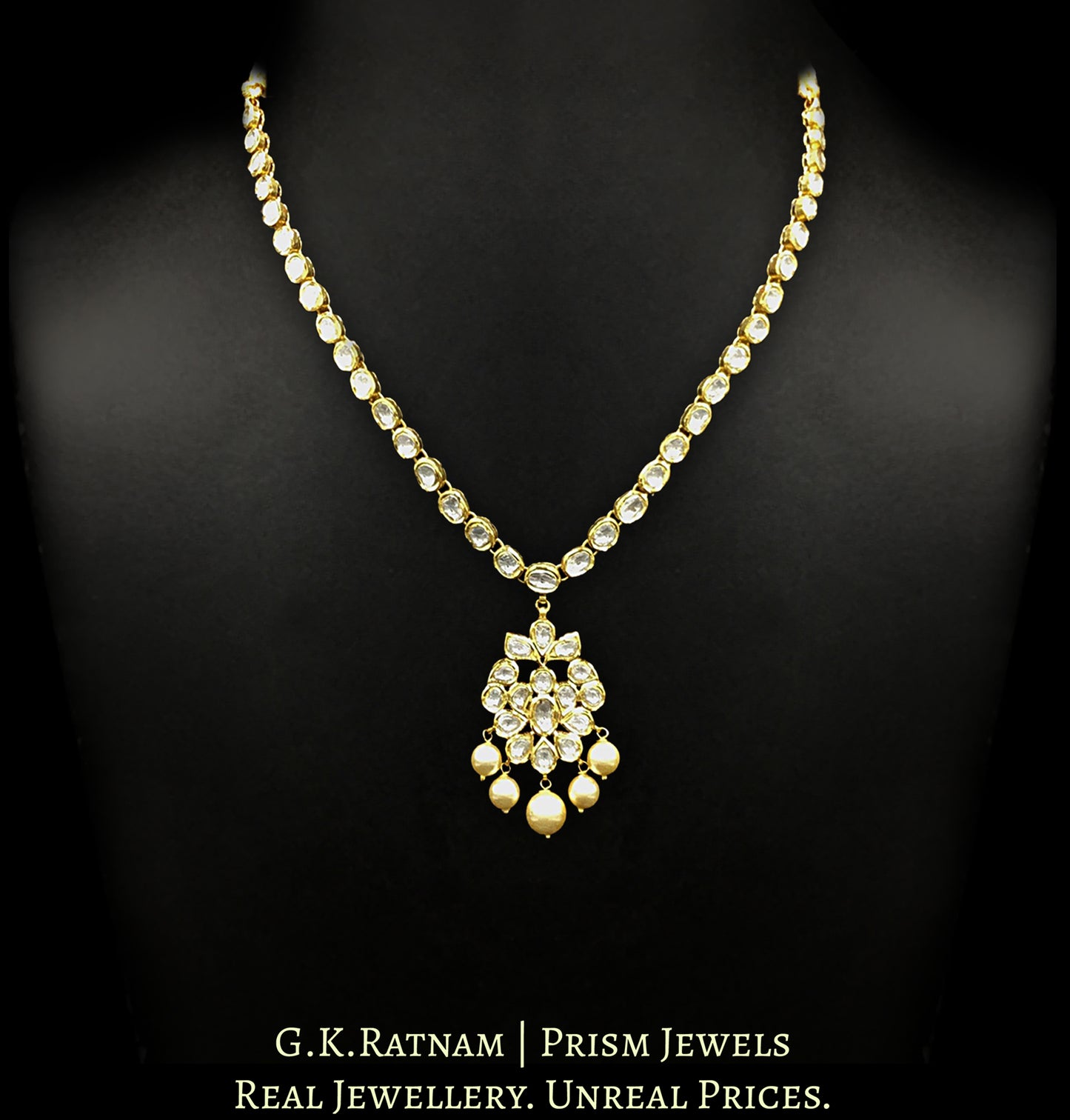 Traditional Gold and Diamond Polki Single Line Necklace Set (oval) - G. K. Ratnam