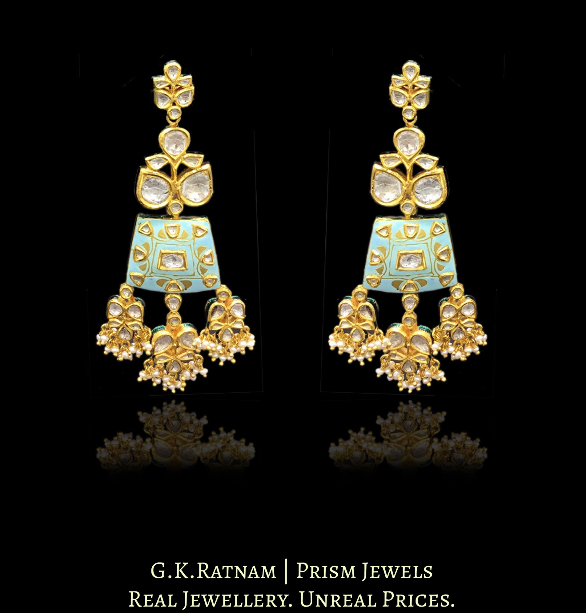 18k Gold and Diamond Polki Necklace Set with soothing turquoise blue enamelling - G. K. Ratnam