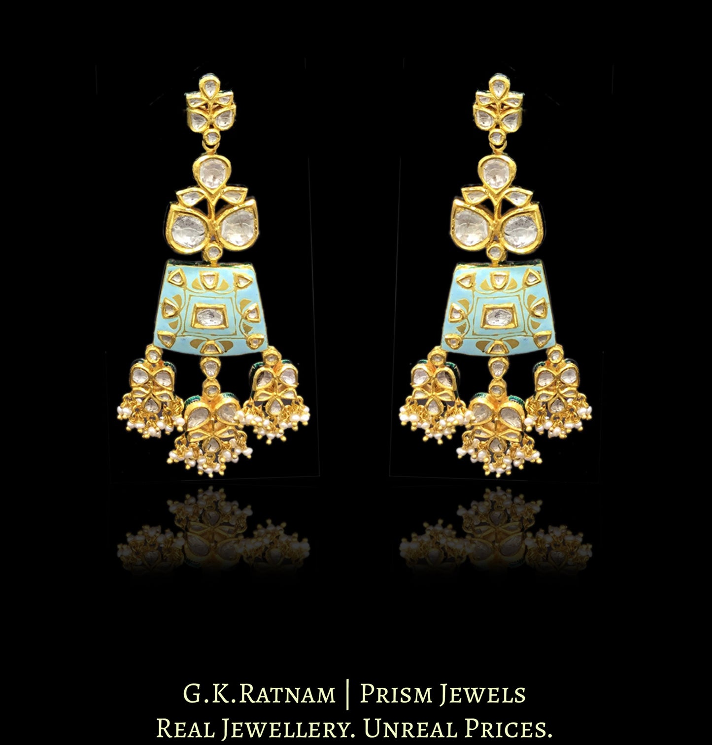 18k Gold and Diamond Polki Necklace Set with soothing turquoise blue enamelling - G. K. Ratnam