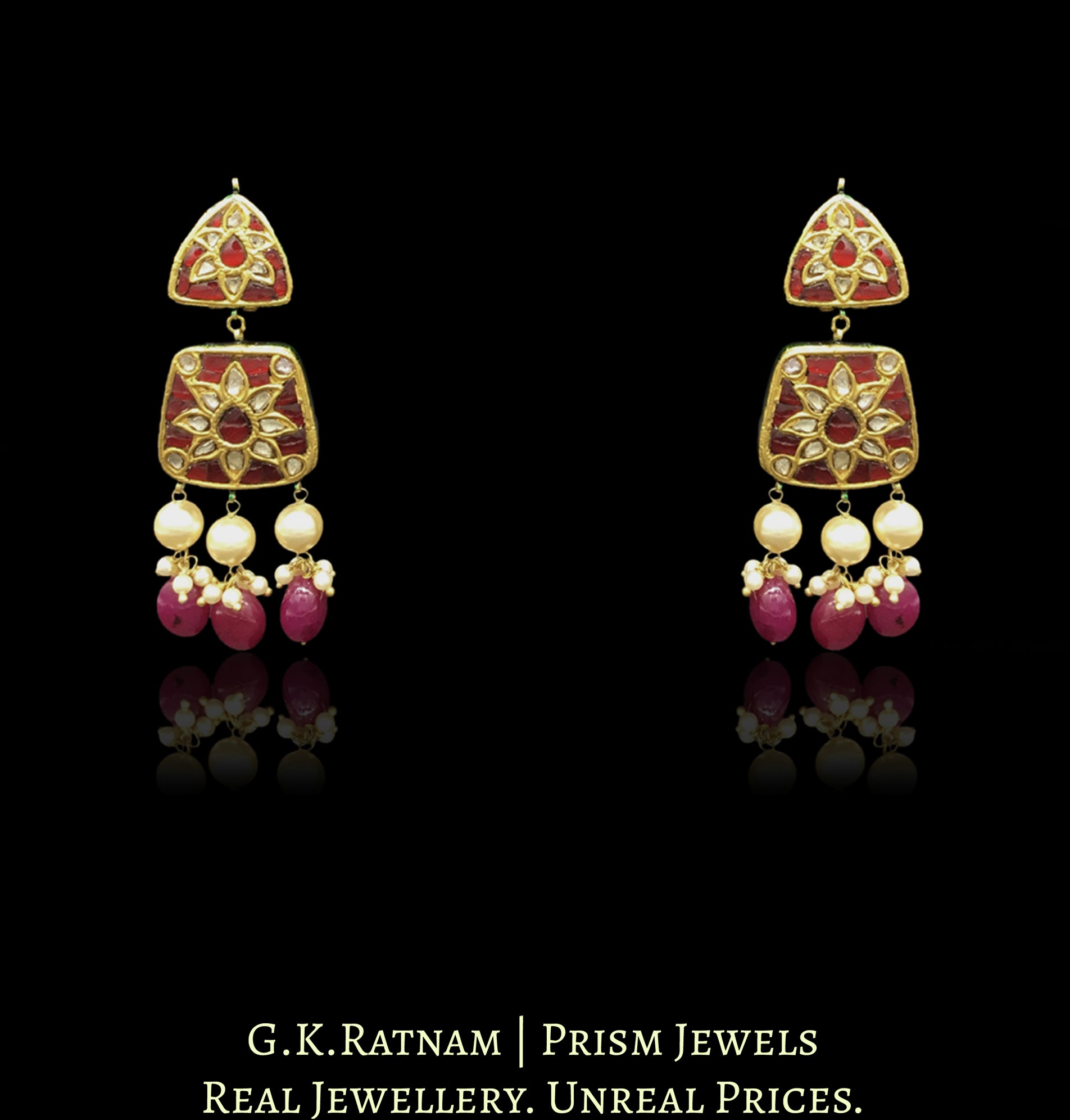 23k Gold and Diamond Polki Necklace Set with rubies embedded around uncut diamonds - G. K. Ratnam