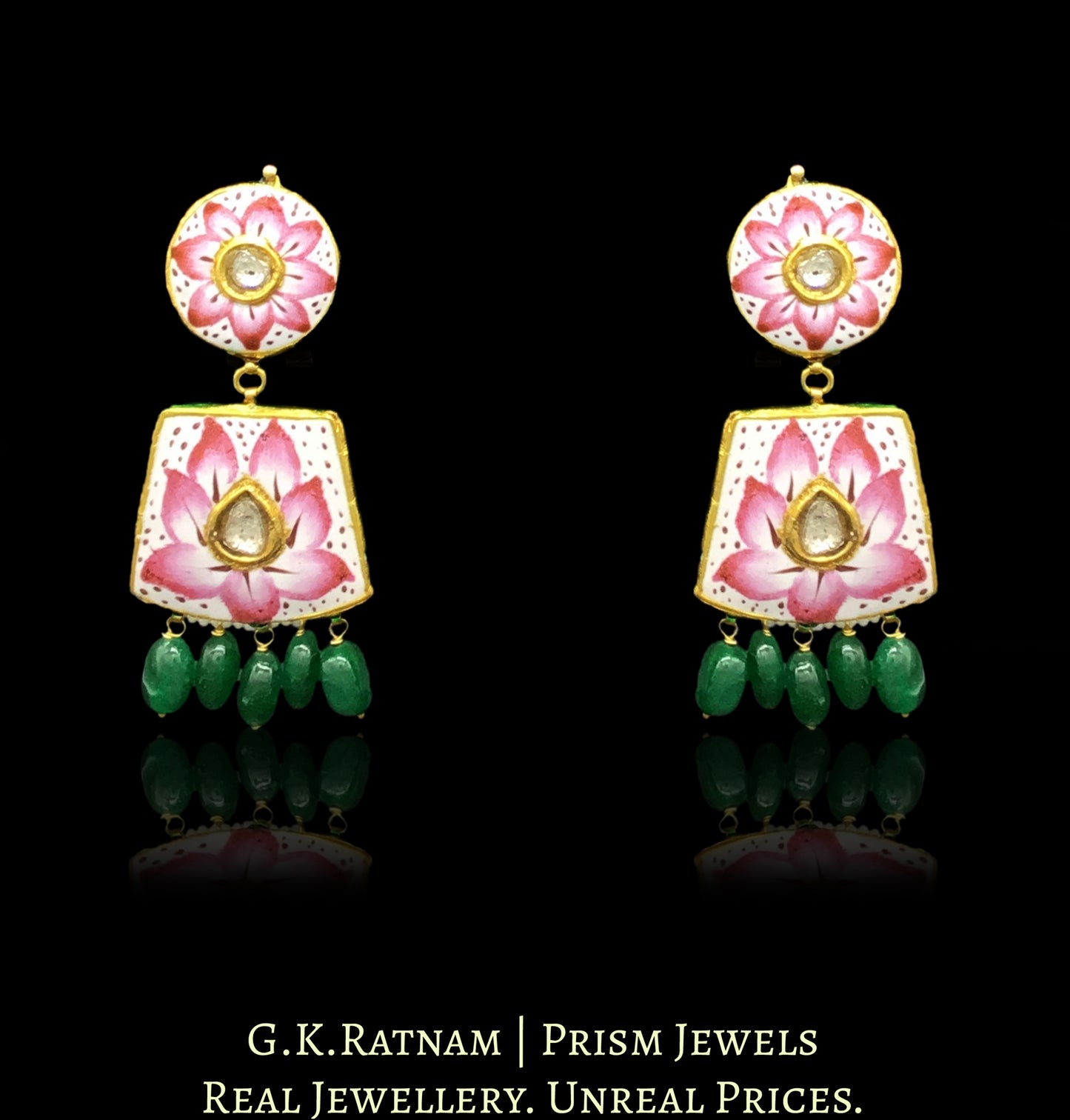23k Gold and Diamond Polki Pink Enamel Necklace Set with Green Beryls