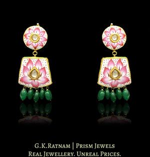 23k Gold and Diamond Polki Pink Enamel Necklace Set with Green Beryls