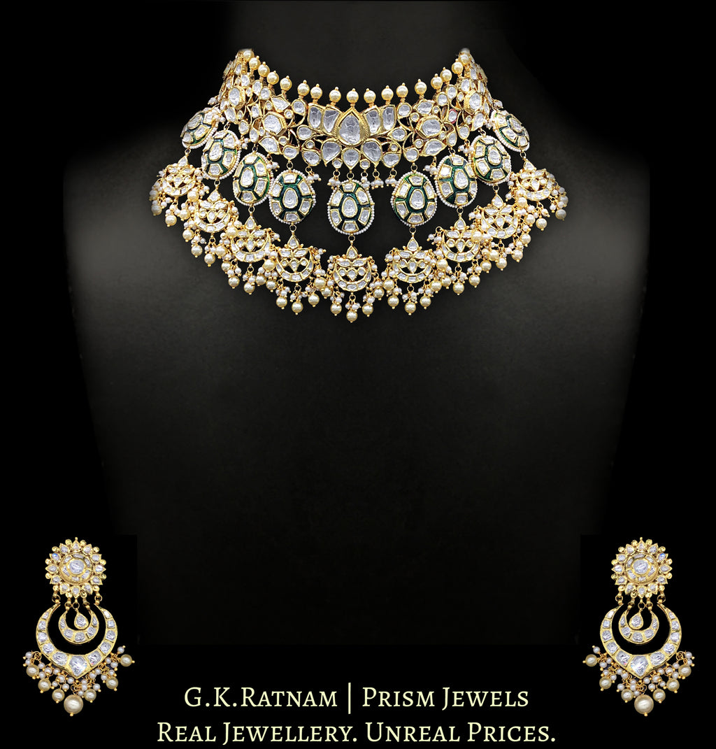 18k Gold and Diamond Polki Choker Necklace Set with multiple chands and green enamelled uncut tikdas - G. K. Ratnam