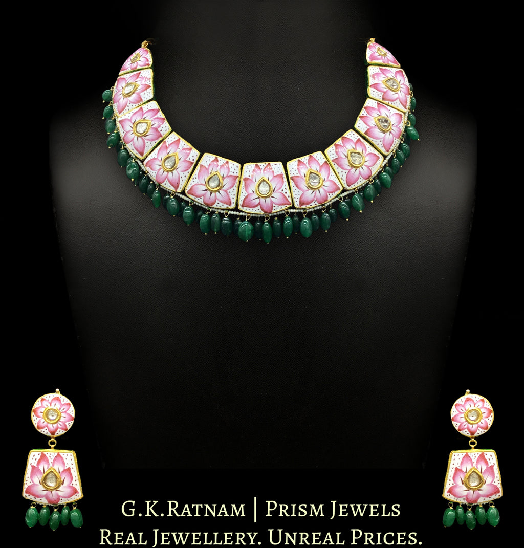 23k Gold and Diamond Polki Pink Enamel Necklace Set with Green Beryls