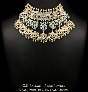 18k Gold and Diamond Polki Choker Necklace Set with multiple chands and green enamelled uncut tikdas - G. K. Ratnam
