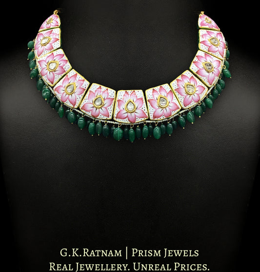 23k Gold and Diamond Polki Pink Enamel Necklace Set with Green Beryls