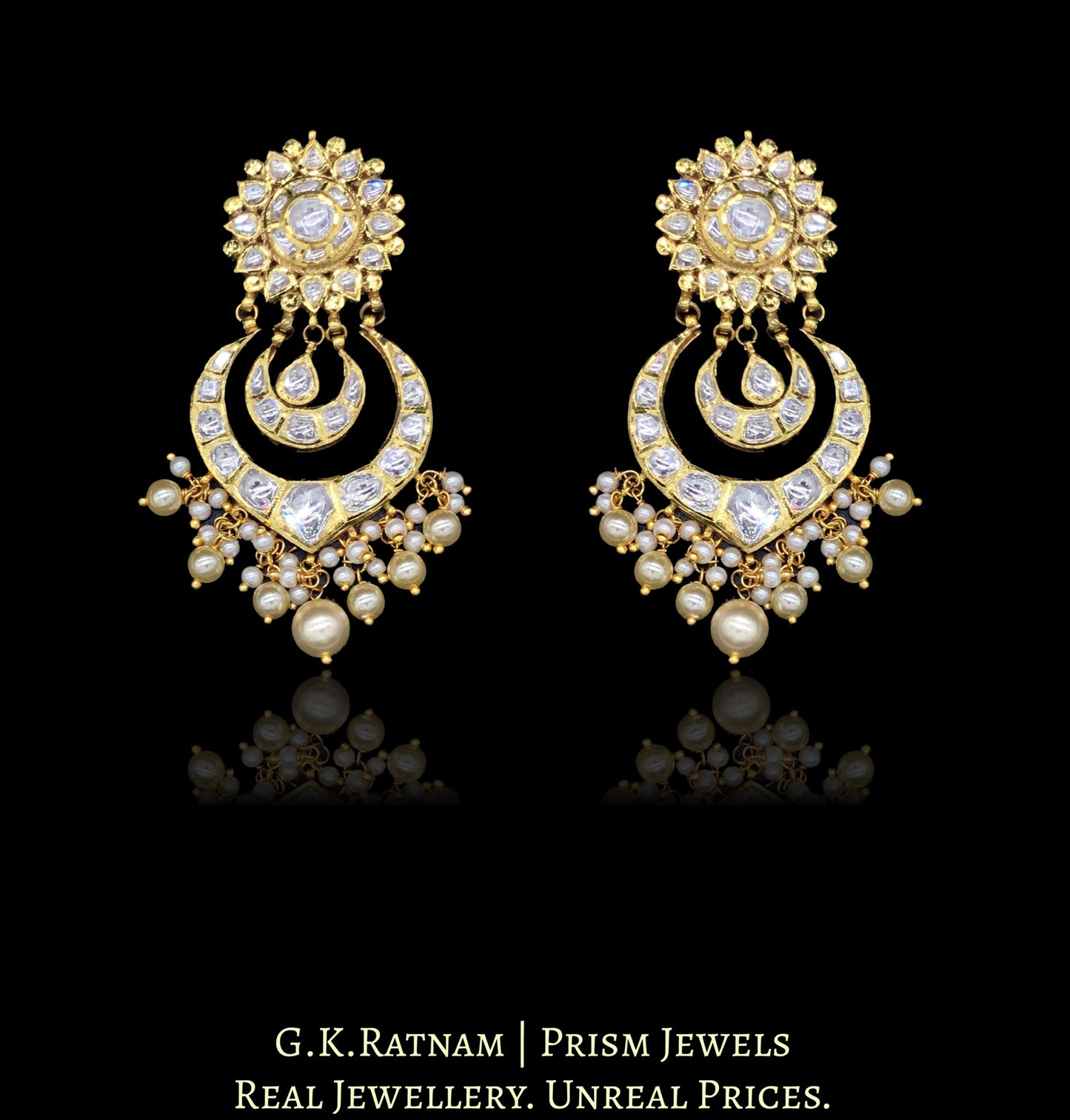 18k Gold and Diamond Polki Choker Necklace Set with multiple chands and green enamelled uncut tikdas - G. K. Ratnam