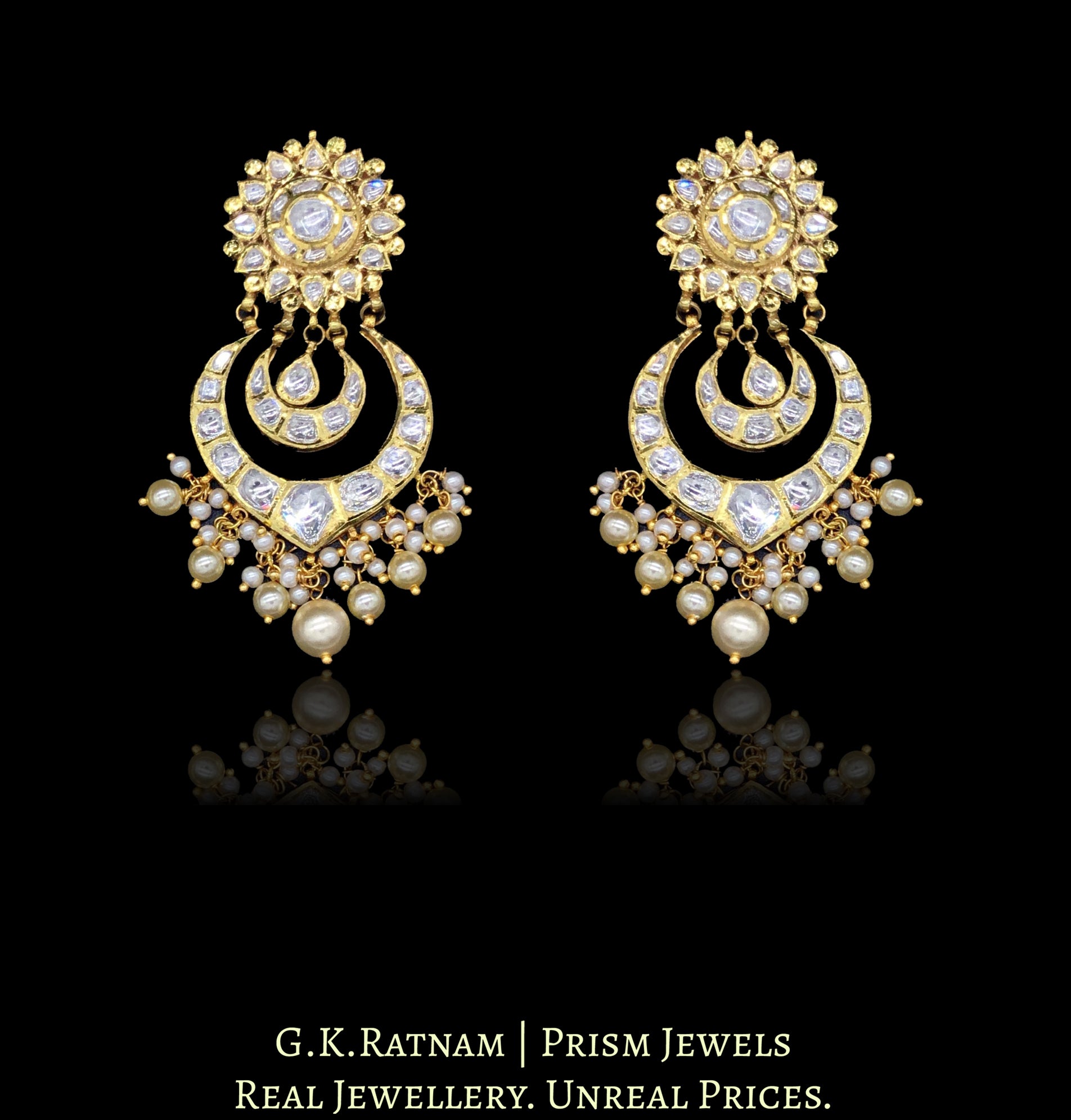 18k Gold and Diamond Polki Choker Necklace Set with multiple chands and green enamelled uncut tikdas - G. K. Ratnam