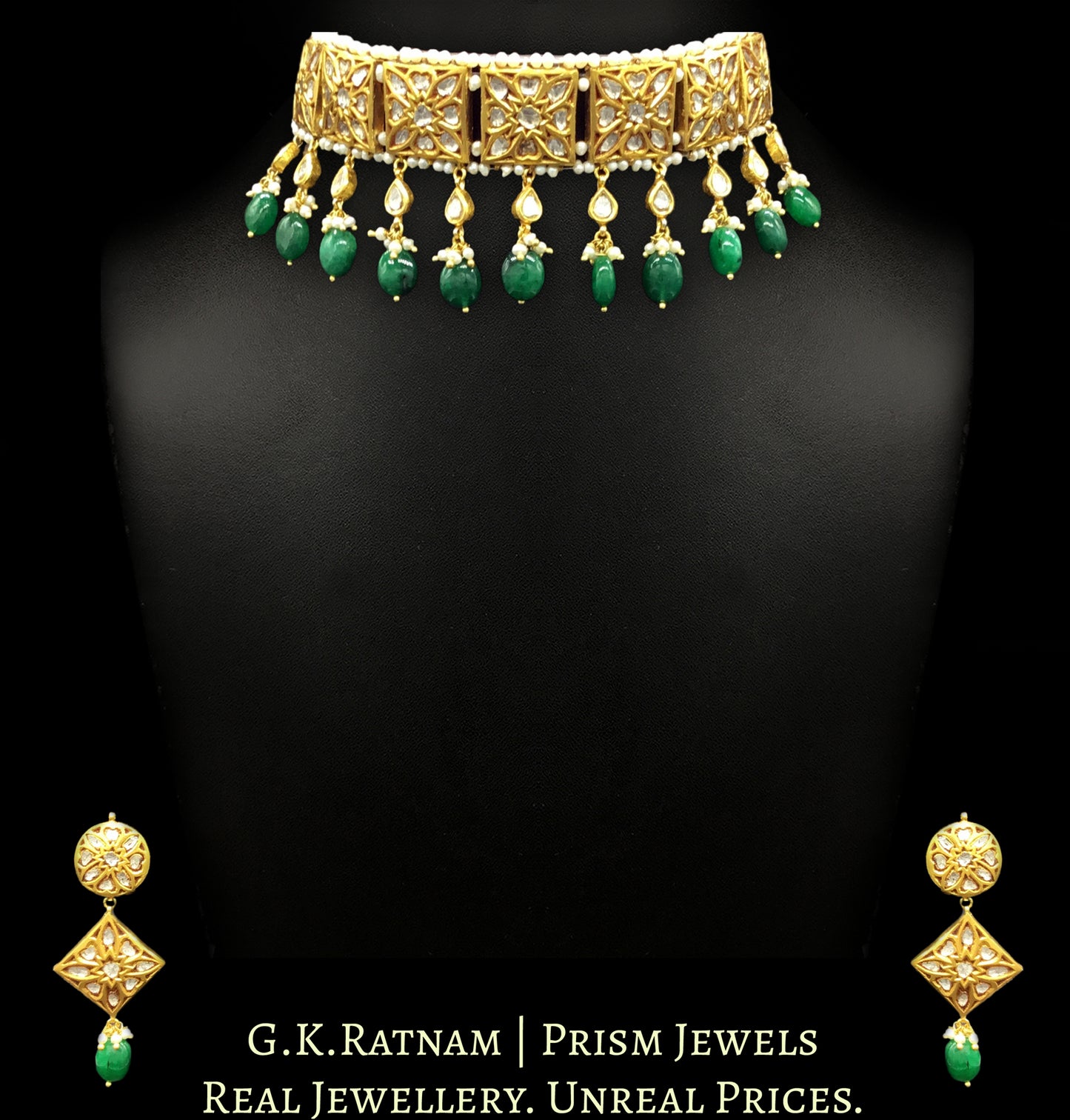 23k Gold and Diamond Polki square Choker Necklace Set with pear uncut hangings - G. K. Ratnam