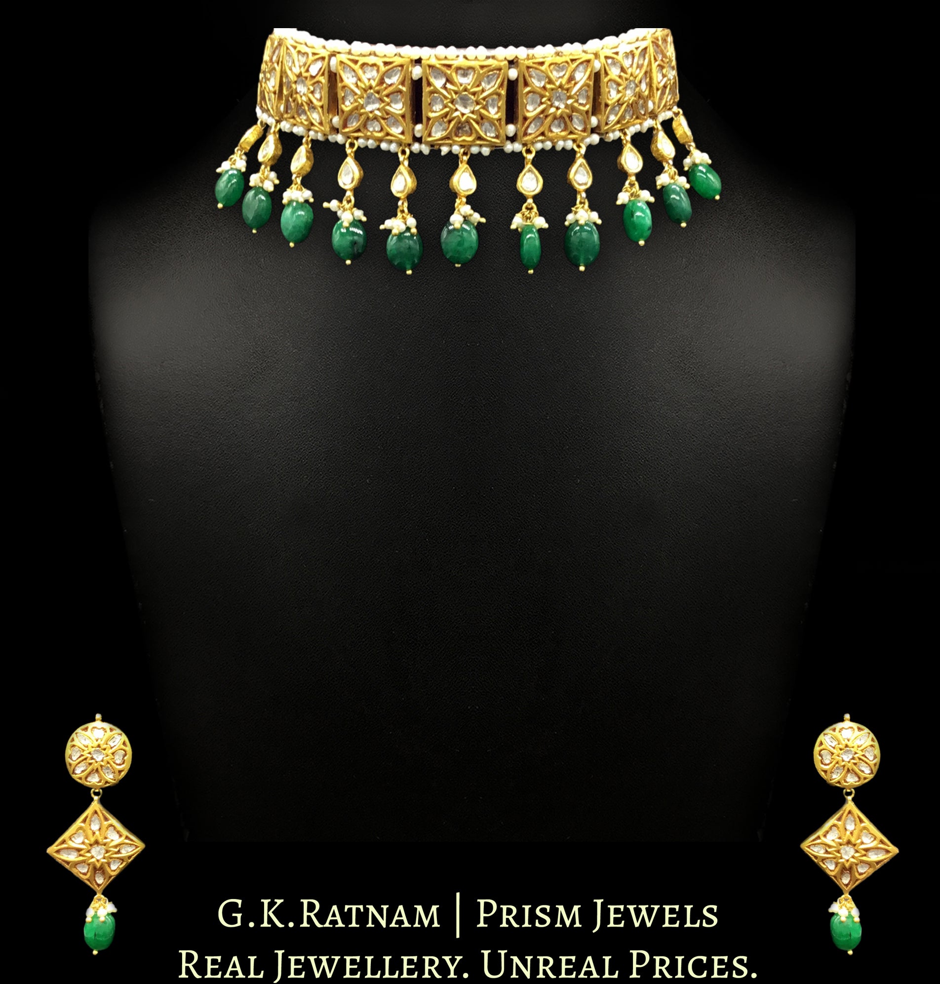 23k Gold and Diamond Polki square Choker Necklace Set with pear uncut hangings - G. K. Ratnam