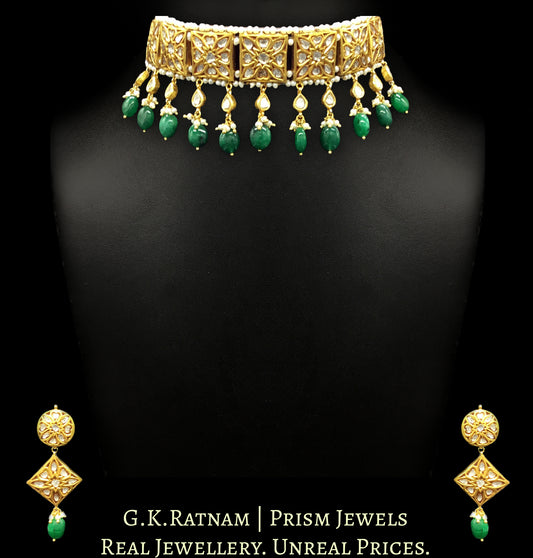 23k Gold and Diamond Polki square Choker Necklace Set with pear uncut hangings - G. K. Ratnam