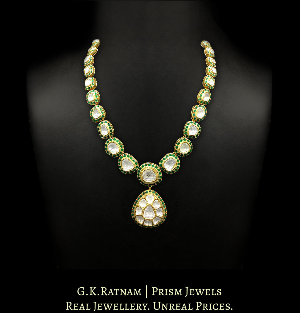 18k Gold and Diamond Polki Necklace with big uncuts and intricate green enamelling - G. K. Ratnam