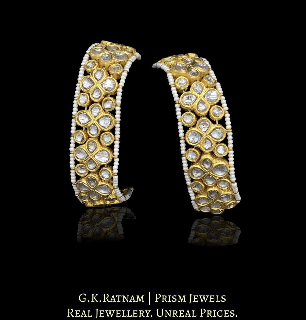 23k Gold and Diamond Polki Paunchi / Ponchi style Bracelet Pair with Floral Uncut Pieces