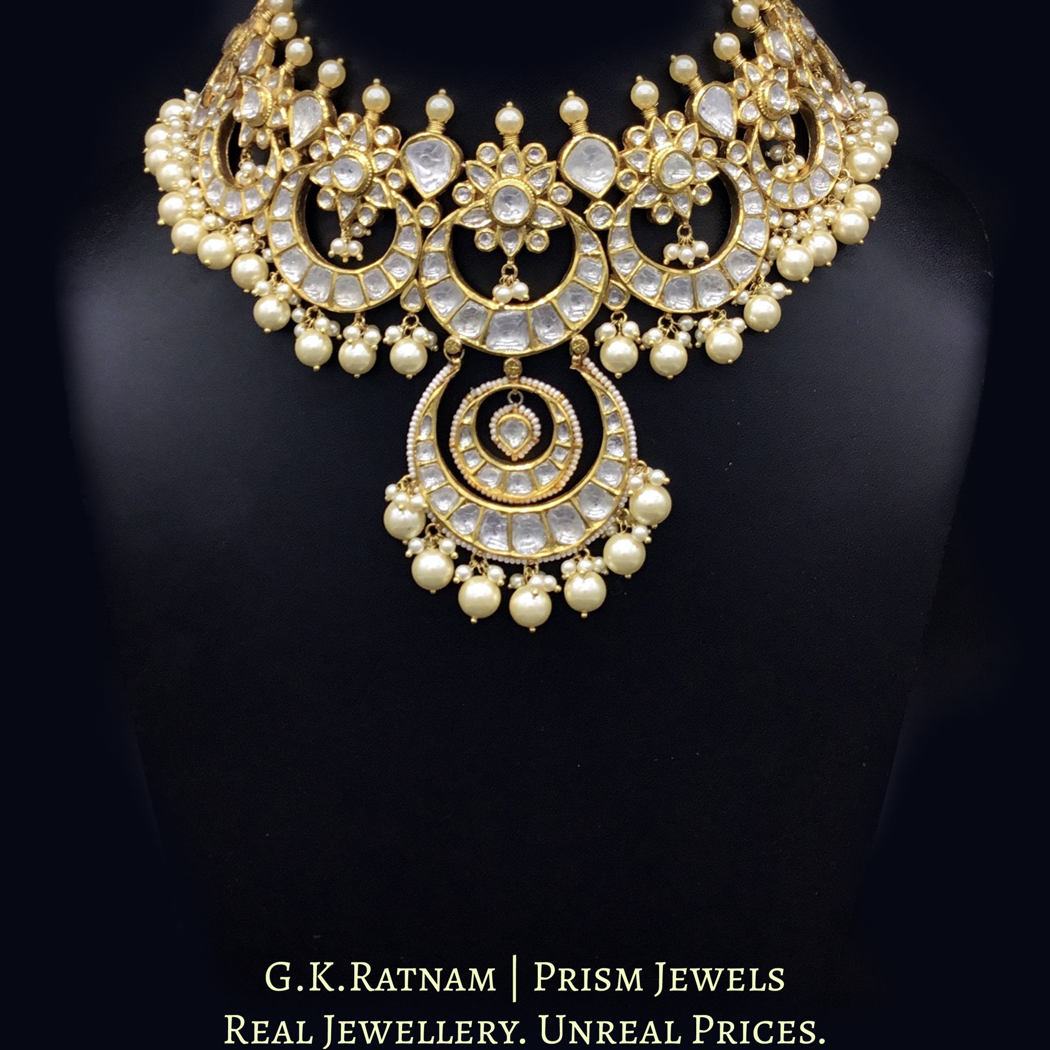 18k Gold and Diamond Polki Choker Necklace Set enhanced with south-sea-grade pearls