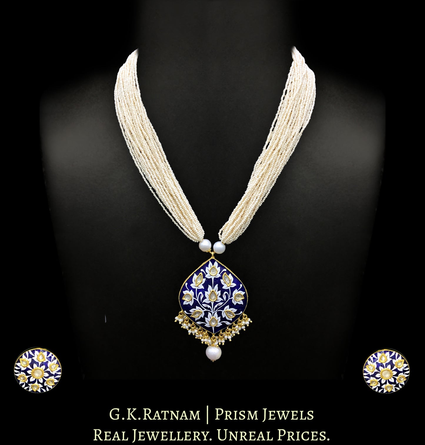23k Gold and Diamond Polki boat-shaped Pendant Set with fine blue and white enamelling