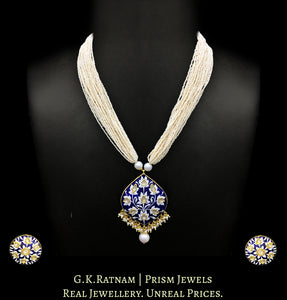 23k Gold and Diamond Polki boat-shaped Pendant Set with fine blue and white enamelling