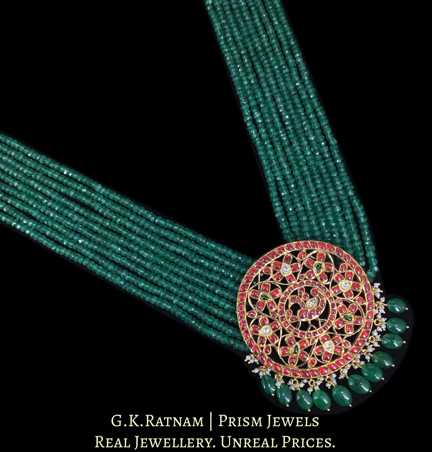 18k Gold and Diamond Polki south-style Round Pendant strung in emerald-grade Green Beryls - G. K. Ratnam