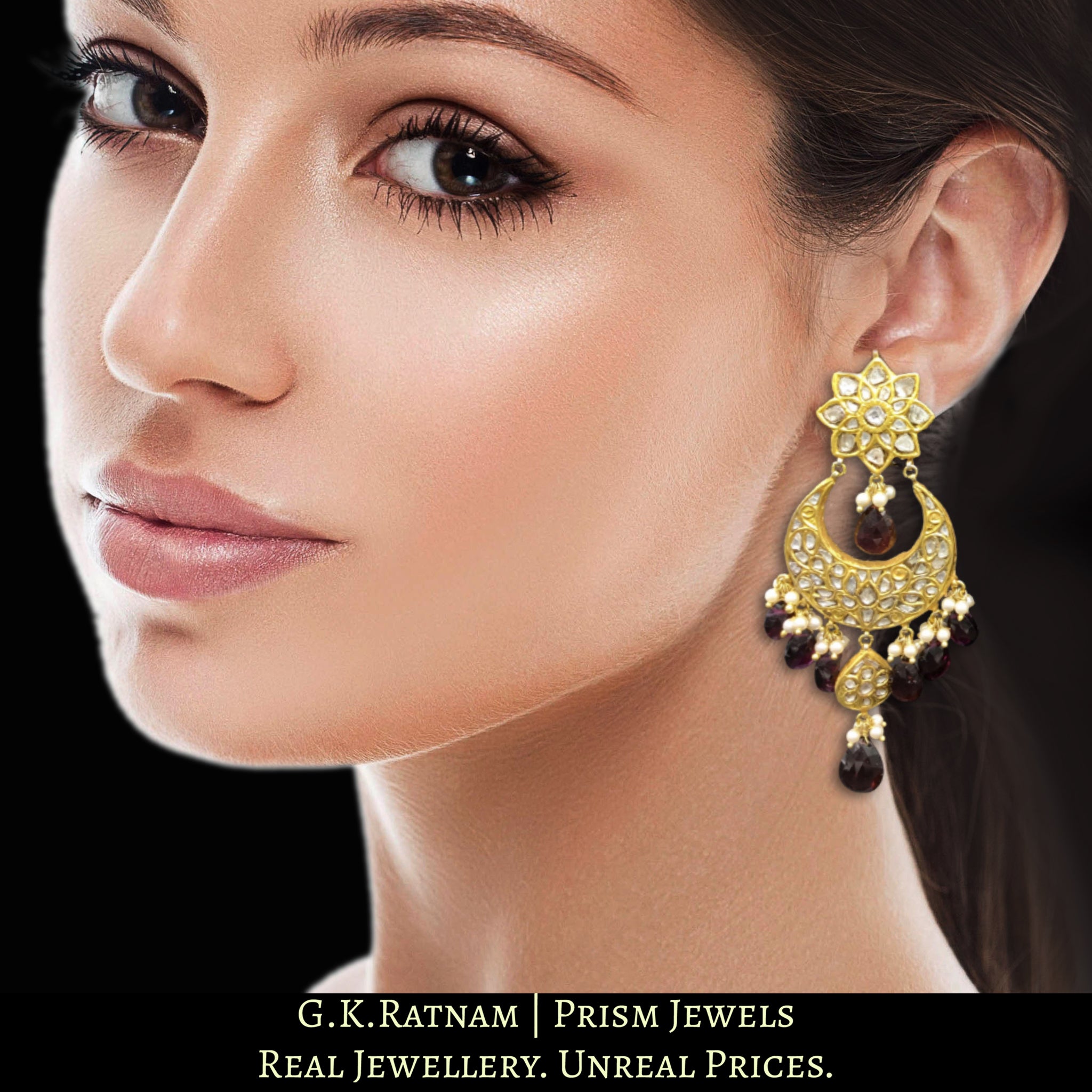 23k Gold and Diamond Polki Chand Bali Earring Pair with Mozambique Garnets