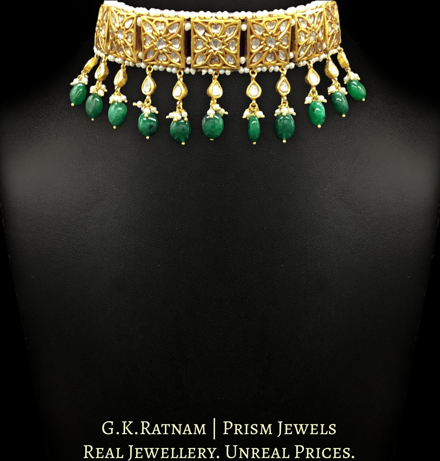 23k Gold and Diamond Polki square Choker Necklace Set with pear uncut hangings - G. K. Ratnam